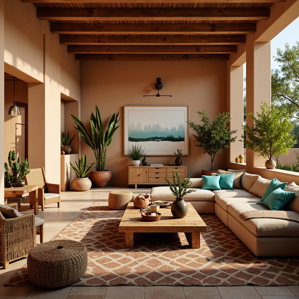 Prompt: Southwestern-style apartment, warm earthy tones, rustic wooden furniture, woven wicker chairs, plush sectional sofas, vibrant turquoise accents, geometric patterned rugs, natural fiber textiles, reclaimed wood coffee tables, industrial metal lighting fixtures, desert-inspired botanicals, cacti decor, adobe-colored walls, warm golden lighting, shallow depth of field, 1/1 composition, realistic textures, ambient occlusion.