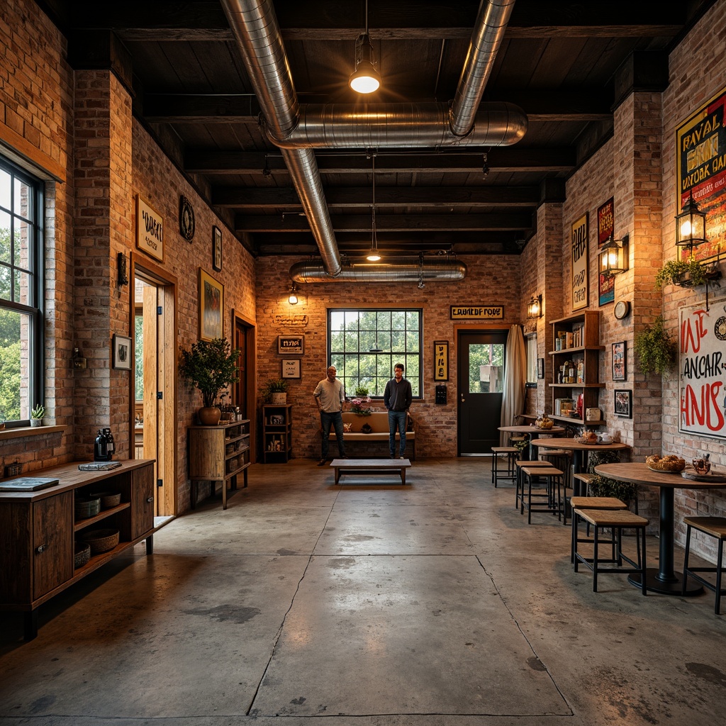 Prompt: Vintage garage interior, distressed wooden planks, eclectic wall decor, industrial metal accents, rustic brick walls, worn concrete floors, repurposed antique doors, vibrant graffiti murals, retro neon signs, urban loft atmosphere, high ceilings, exposed ductwork, metal beams, reclaimed wood shelving, decorative metal lanterns, warm ambient lighting, shallow depth of field, 1/1 composition, realistic textures, ambient occlusion.