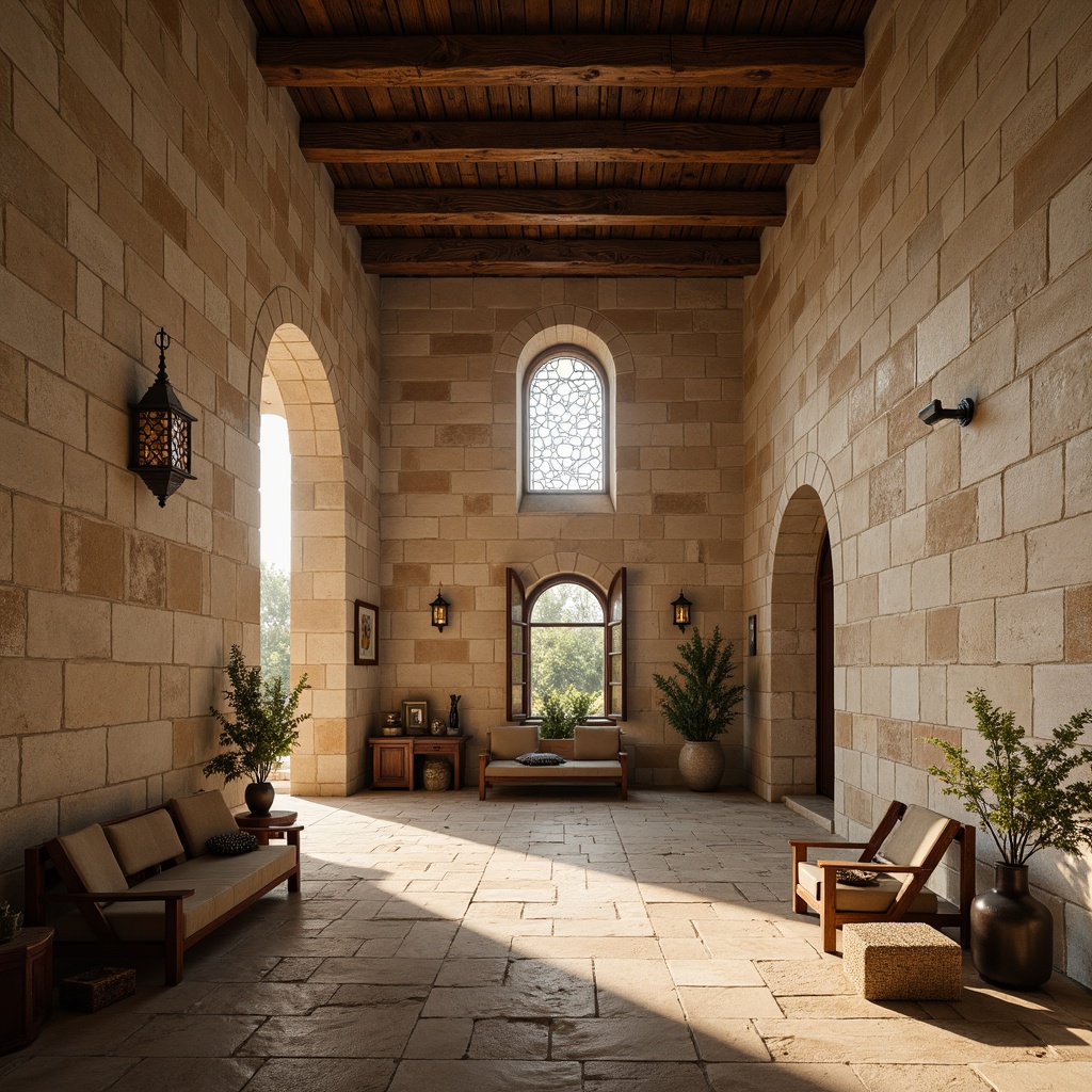 Prompt: Serene monastery interior, natural stone walls, wooden beam ceilings, rustic wooden furniture, ornate metal lanterns, stained glass windows, soft warm lighting, diffused sunlight, clerestory windows, high ceilings, vaulted arches, minimalist decor, earthy color palette, spiritual ambiance, peaceful atmosphere, subtle shadows, gentle highlights, 1/1 composition, realistic textures, ambient occlusion.