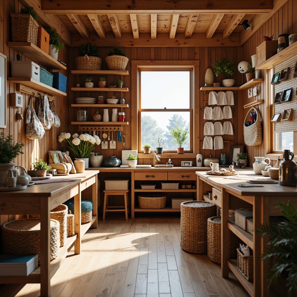 Prompt: Cozy craft room, wooden worktables, storage shelves, woven baskets, rattan containers, hanging organizers, pegboards, tool holders, colorful fabric bins, natural wood tones, soft warm lighting, shallow depth of field, 1/1 composition, realistic textures, ambient occlusion.