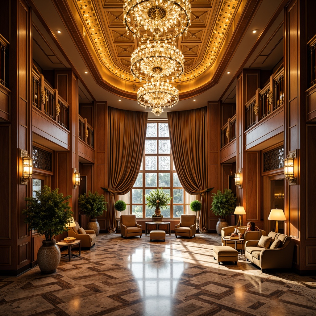 Prompt: Luxurious hotel lobby, ornate chandeliers, warm golden lighting, metallic accents, geometric patterns, marble floors, lavish furnishings, opulent textiles, velvet drapes, crystal fixtures, grand staircases, curved lines, symmetrical composition, softbox lighting, warm color palette, high contrast ratio, dramatic shadows, 1/2 composition, ornate metalwork, beveled glass, intricate moldings, lavish decorations, luxurious ambiance, sophisticated atmosphere.