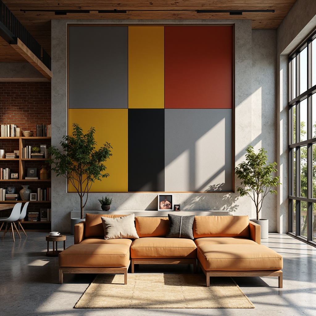 Prompt: Mid-century modern interior, stylish wall treatments, geometric patterns, bold color blocks, natural wood accents, textured concrete finishes, industrial chic exposed brick, sleek metal grids, minimalist shelving units, Scandinavian-inspired design elements, soft warm lighting, atmospheric shadows, 3/4 composition, realistic textures, ambient occlusion.