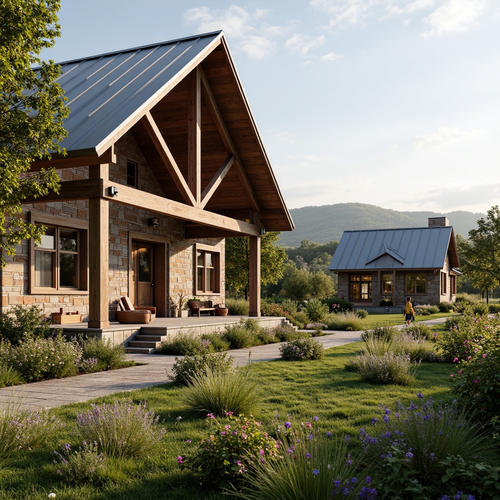 Prompt: Rustic community center, farmhouse style, natural stone walls, reclaimed wood accents, earthy color palette, lush greenery, wildflowers, wooden beams, exposed brick, vintage metal roofs, rural landscape, rolling hills, serene countryside, warm sunny day, soft natural lighting, shallow depth of field, 1/2 composition, realistic textures, ambient occlusion.