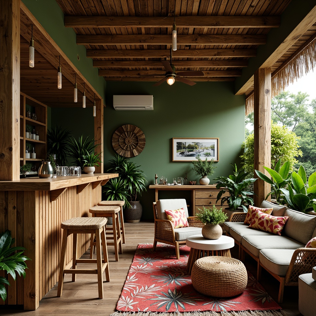 Prompt: Rustic wooden bars, tropical leaf-patterned upholstery, woven rattan furniture, vibrant colorful throw pillows, exotic potted plants, natural fiber rugs, reclaimed wood accents, distressed metal decor, pendant lanterns, soft warm lighting, 1/2 composition, shallow depth of field, realistic textures, ambient occlusion, lush green walls, earthy tone color scheme, relaxed atmosphere, island-inspired vibe.