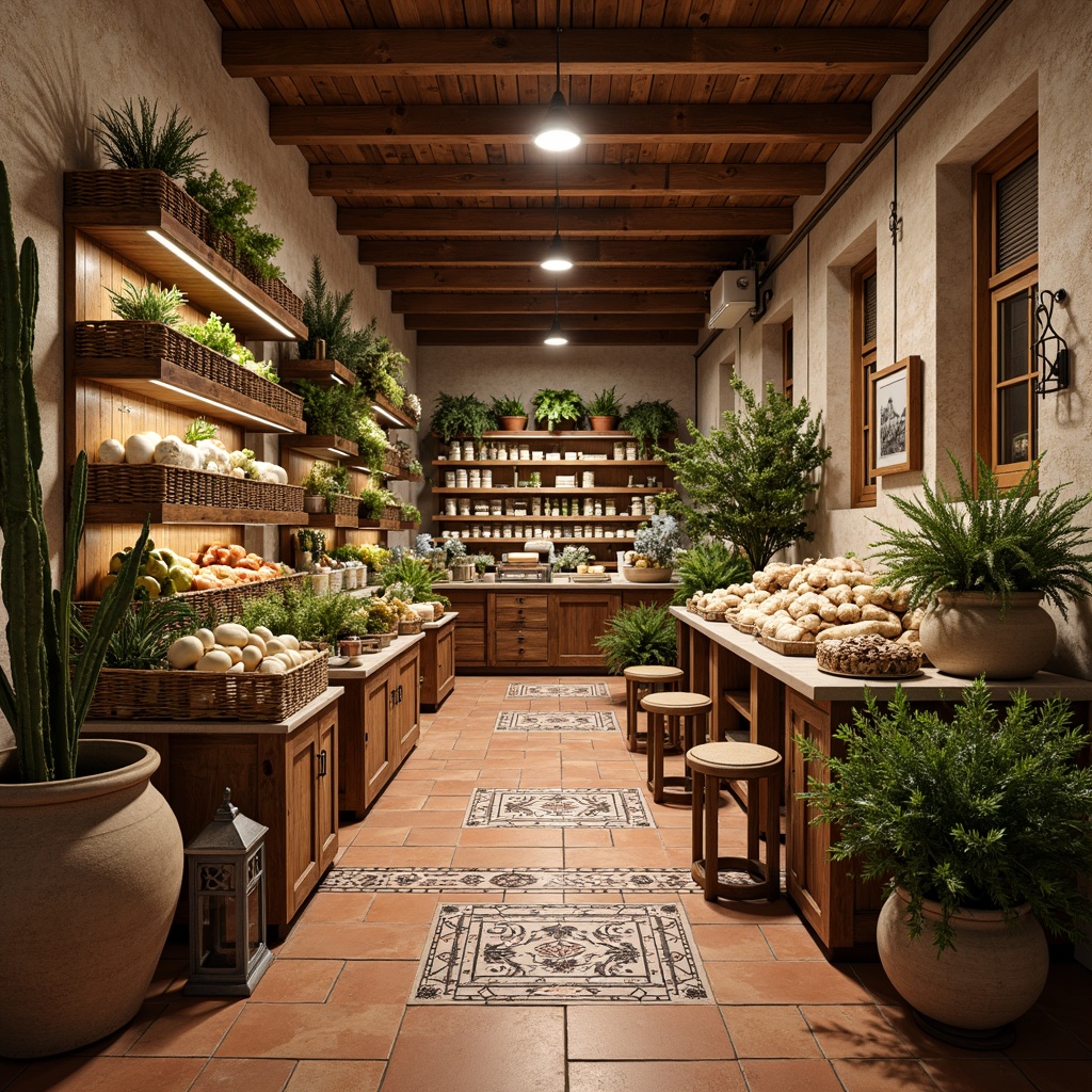 Prompt: Mediterranean grocery store, warm earthy tones, rustic wooden accents, terracotta floor tiles, decorative ceramic inlays, natural stone walls, distressed wood shelves, woven wicker baskets, vintage metal lanterns, lush greenery, aromatic herbs, warm lighting, shallow depth of field, 3/4 composition, realistic textures, ambient occlusion.