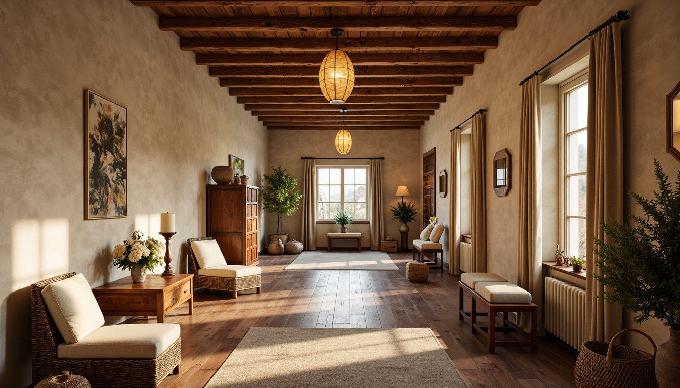 Prompt: Rustic hall, wooden accents, earthy tones, warm beige walls, rich walnut flooring, distressed wood furniture, vintage metal hardware, soft cream-colored upholstery, natural linen drapes, woven baskets, pendant lanterns, warm golden lighting, cozy atmosphere, 1/2 composition, shallow depth of field, realistic textures.