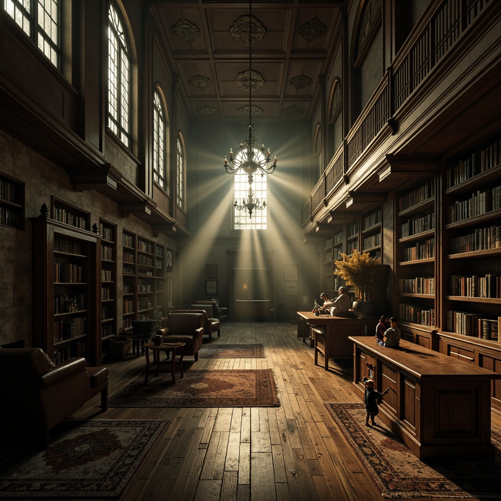 Prompt: Dark academia atmosphere, mysterious Gothic architecture, high ceilings, grand chandeliers, ornate wooden furniture, rich wood tones, polished hardwood floors, intricate stone patterns, distressed vintage rugs, warm golden lighting, dramatic shadows, symmetrical composition, atmospheric fog, eerie silence.