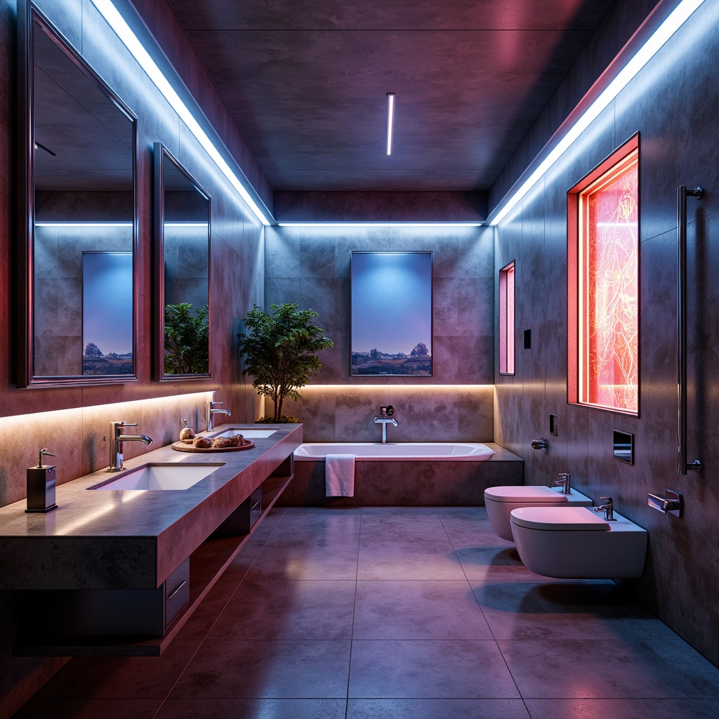 Prompt: Futuristic bathroom, sleek metal fixtures, neon-lit mirrors, LED strip lighting, ambient glow, soft warm ambiance, minimalist design, modern materials, glass countertops, chrome faucets, geometric patterns, iridescent colors, holographic displays, virtual reality integration, smart home technology, automatic temperature control, misting systems, rainfall showerheads, luxurious textiles, futuristic sanitary ware, 3D-printed accessories, high-gloss finishes, softbox lighting, cinematic color grading.