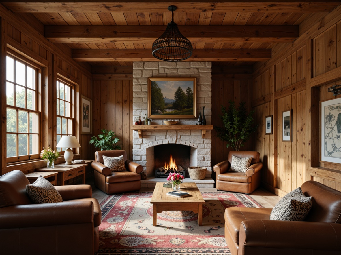 Prompt: Rustic hall interior, wooden paneling, stone fireplace, cozy atmosphere, traditional craftsman furniture, solid oak wood, leather upholstery, bronze hardware, natural fabric textiles, earthy color palette, warm lighting, soft shadows, shallow depth of field, 1/2 composition, realistic wood grain textures, ambient occlusion.