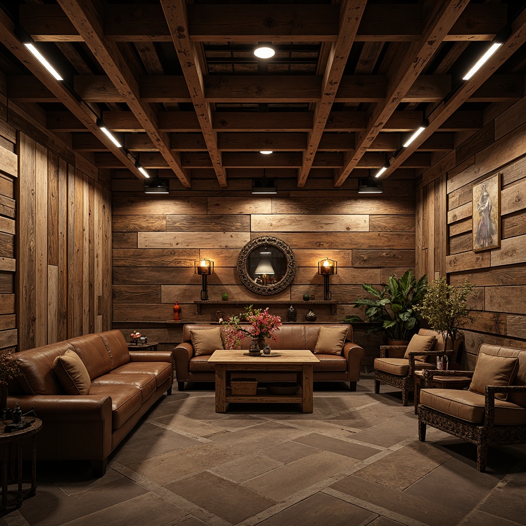 Prompt: Rustic wooden accents, distressed metal beams, vintage industrial lighting, reclaimed barn wood walls, earthy tone color palette, natural stone floors, rough-hewn wooden tables, worn leather sofas, antique metal decorations, dim warm ambient lighting, shallow depth of field, 1/2 composition, cinematic mood, realistic textures, subtle glow effects.