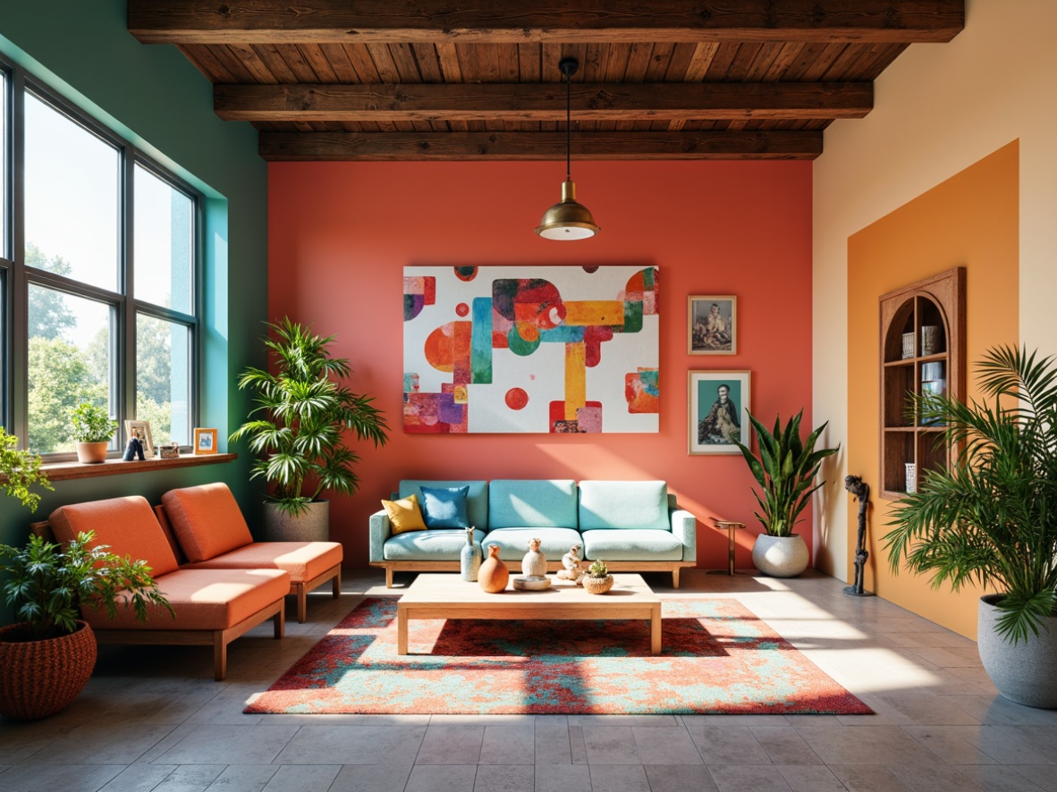 Prompt: Vibrant design studio, eclectic color scheme, bold typography, contrasting hues, pastel accents, rich textures, modern minimalist furniture, abstract artwork, natural light pouring in, airy atmosphere, soft focus, shallow depth of field, 1/1 composition, warm color temperature, atmospheric perspective.