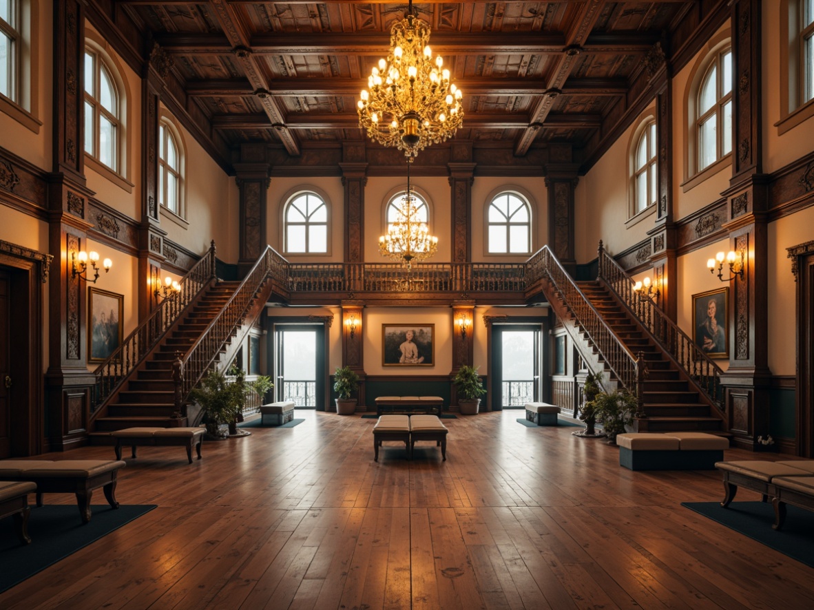 Prompt: Elegant gymnasium interior, ornate chandeliers, polished wooden floors, intricately carved columns, vaulted ceilings, grand staircases, luxurious leather benches, antique-inspired exercise equipment, richly textured walls, golden accents, warm ambient lighting, dramatic archways, symmetrical composition, realistic reflections, atmospheric fog, soft focus effect.