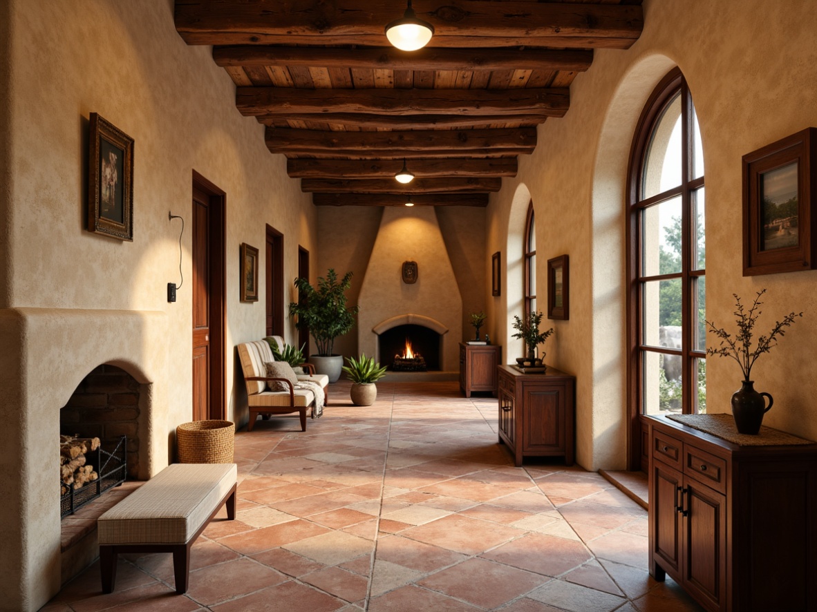 Prompt: Rustic hall, warm beige stucco walls, natural wood accents, wooden beams, earthy terracotta floors, cozy fireplaces, comfortable seating areas, vintage decorative items, classic craftsman-style trim work, rich walnut cabinetry, ornate metal door handles, soft warm lighting, shallow depth of field, 1/1 composition, realistic textures, ambient occlusion.