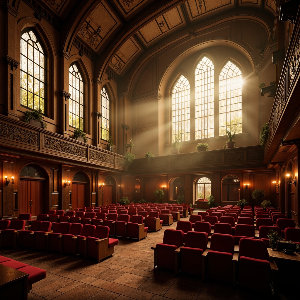 Prompt: Elegant auditorium, Gothic architectural style, high ceilings, stained glass windows, intricate stone carvings, ornate wooden details, rich velvet fabrics, luxurious seating arrangements, curved rows of chairs, tiered platforms, intimate gathering spaces, warm golden lighting, soft shadows, dramatic spotlights, 3/4 composition, atmospheric mist, mysterious ambiance, ornate metal fixtures, grand chandeliers, lavish decorations, intricate patterns, vibrant red accents.