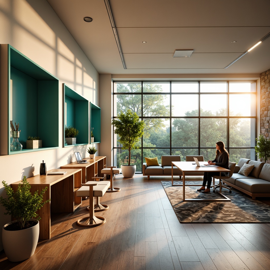 Prompt: Modern office interior, sleek wooden desks, ergonomic chairs, vibrant turquoise accents, creamy white walls, rich walnut flooring, geometric patterned rugs, minimalist decorative lighting, natural stone feature walls, floor-to-ceiling glass windows, abundant greenery, warm golden lighting, shallow depth of field, 3/4 composition, realistic textures, ambient occlusion.