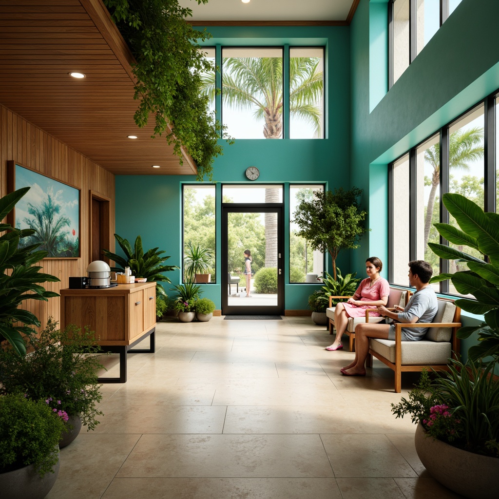 Prompt: Vibrant healthcare center, lush greenery, exotic flowers, natural wood accents, calming turquoise walls, soothing coral reefs, warm sandy beige floors, refreshing ocean breeze, soft diffused lighting, shallow depth of field, 1/1 composition, intimate atmosphere, realistic textures, ambient occlusion, tropical island vibes, relaxed patients, happy medical staff.