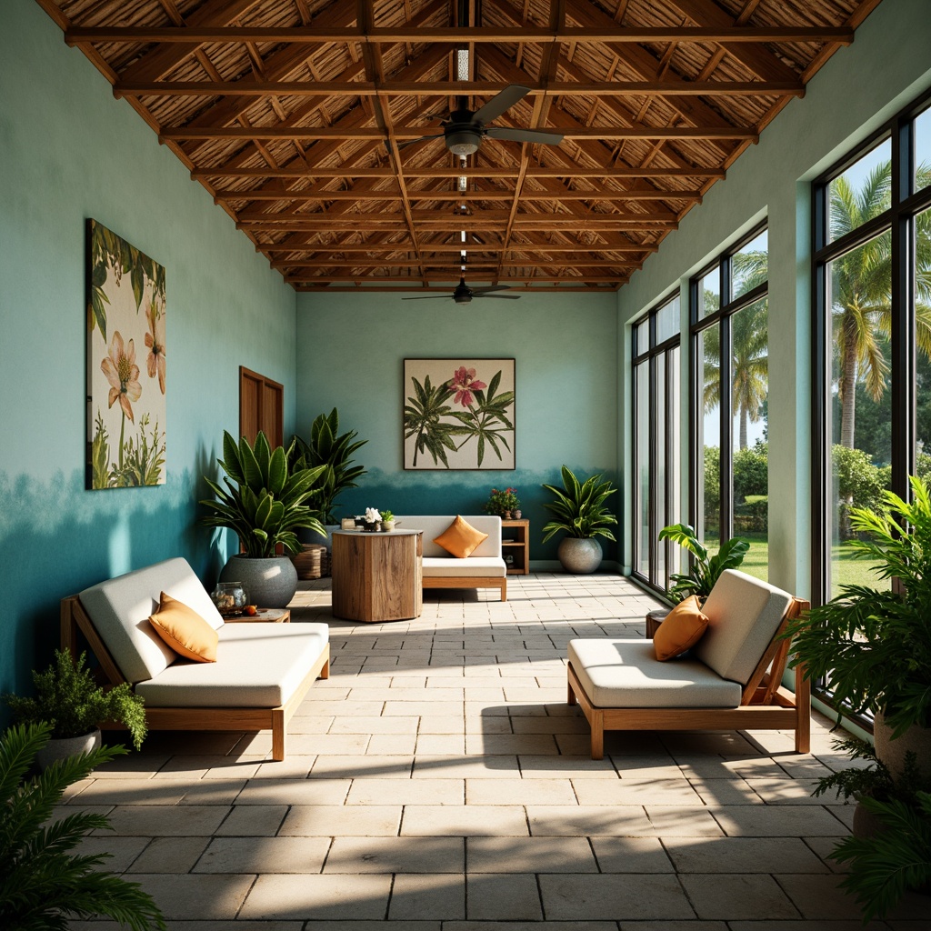 Prompt: Tropical healthcare center, natural stone flooring, warm wood accents, calming ocean blue walls, lush greenery, exotic plant species, soft warm lighting, shallow depth of field, 3/4 composition, panoramic view, realistic textures, ambient occlusion.