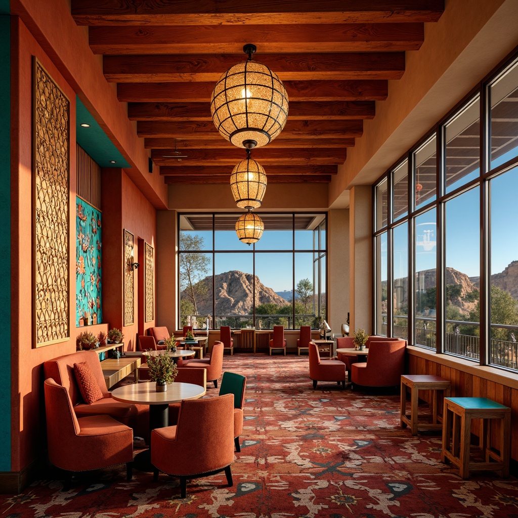 Prompt: Vibrant southwestern casino, terracotta walls, turquoise accents, warm golden lighting, rich wood tones, intricate Native American patterns, bold geometric shapes, luxurious velvet fabrics, glamorous chandeliers, desert landscape views, starry night sky, soft focus, cinematic composition, 1/2 depth of field.