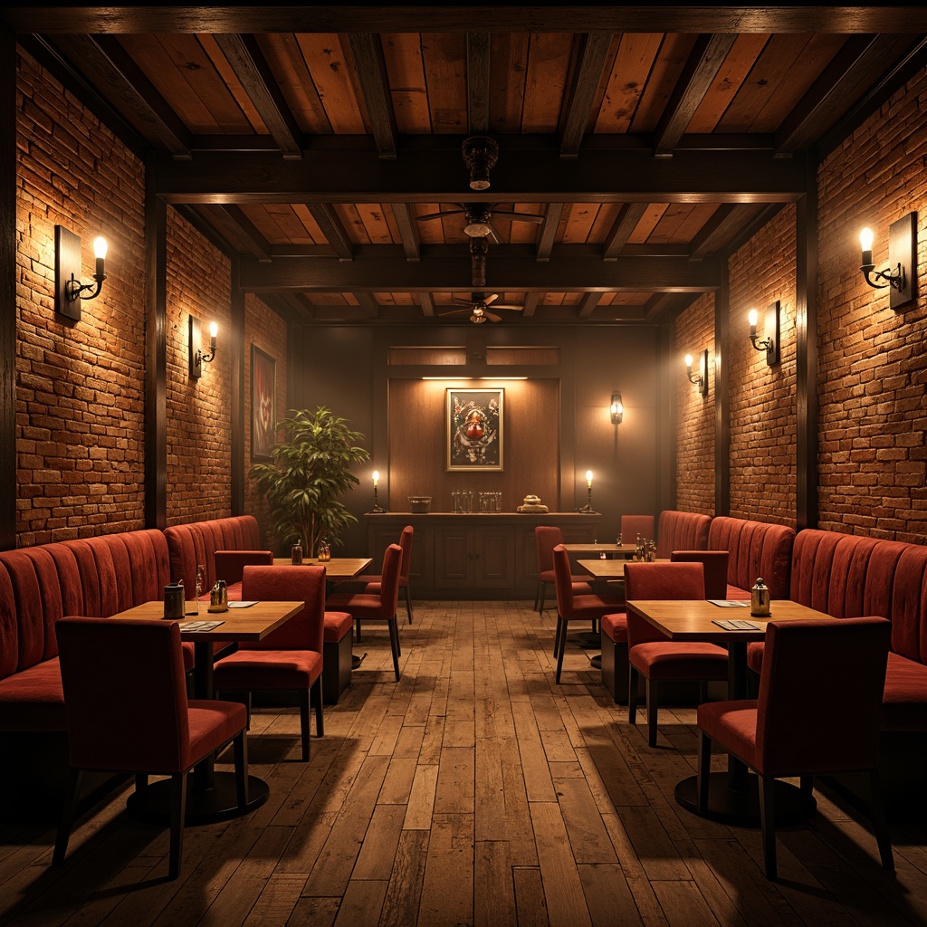 Prompt: Rustic nightclub interior, exposed brick walls, reclaimed wood accents, metal beams, dimly lit atmosphere, warm golden lighting, plush velvet fabrics, rich leather textures, distressed wooden floors, vintage industrial decor, antique metal fixtures, earthy color palette, mysterious shadows, 1/1 composition, dramatic spotlighting, soft focus blur, realistic material rendering.