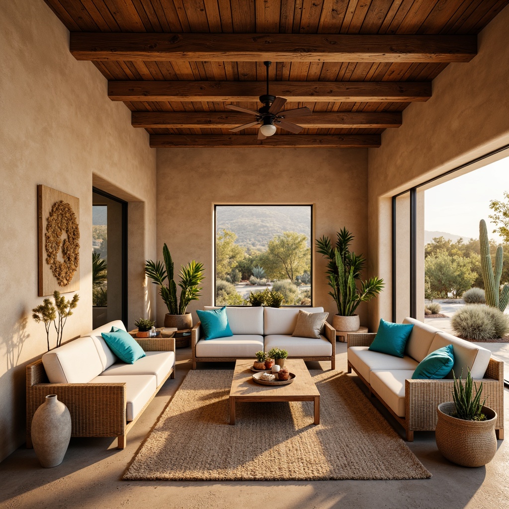 Prompt: Earthy southwestern interior, warm beige stucco walls, rustic wooden beams, cozy living room, comfortable sofas, vibrant turquoise accents, natural fiber rugs, woven baskets, potted cacti, large windows, sliding glass doors, soft diffused lighting, warm golden hour, shallow depth of field, 1/1 composition, realistic textures, ambient occlusion.