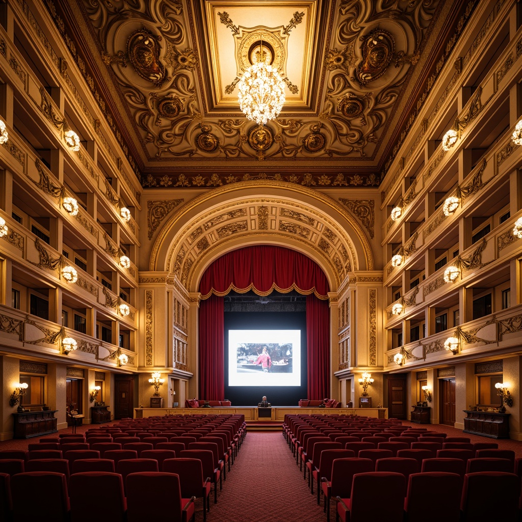 Prompt: Grand opera house, ornate moldings, golden accents, intricate carvings, neoclassical arches, grandiose chandeliers, red velvet curtains, luxurious seating areas, intricate plasterwork ceilings, dramatic spotlights, warm golden lighting, shallow depth of field, 1/2 composition, symmetrical framing, realistic textures, ambient occlusion.