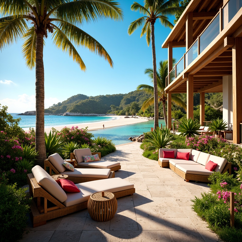 Prompt: Vibrant tropical hotel, lush greenery, exotic flowers, warm sandy beaches, crystal-clear turquoise waters, coral reefs, rustic wooden accents, natural textiles, woven rattan furniture, colorful tiki torches, sunny day, soft warm lighting, shallow depth of field, 3/4 composition, panoramic view, realistic textures, ambient occlusion, bright coral pink, calming mint green, rich wood brown, creamy ivory white, deep ocean blue, warm golden yellow.