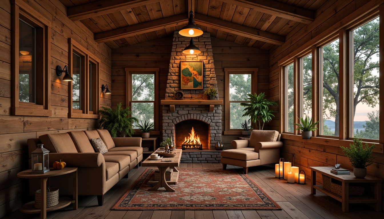 Prompt: Rustic wooden cabin, warm candlelight, soft lanterns, dimmable pendant lights, industrial metal shades, reclaimed wood accents, earthy color palette, natural stone walls, cozy fireplace, woven textiles, vintage metalware, distressed finishes, warm beige tones, softbox lighting, 1/2 composition, shallow depth of field, warm golden hour, realistic wood grains.