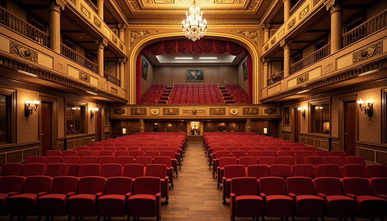 Prompt: Elegant theater interior, neoclassical architectural style, ornate gold details, plush red velvet seats, intricate moldings, high ceilings, grand chandeliers, acoustic panels, sound-absorbing materials, wooden floors, soft warm lighting, shallow depth of field, 3/4 composition, symmetrical framing, realistic textures, ambient occlusion, richly textured fabrics, subtle sheen, sophisticated color palette.