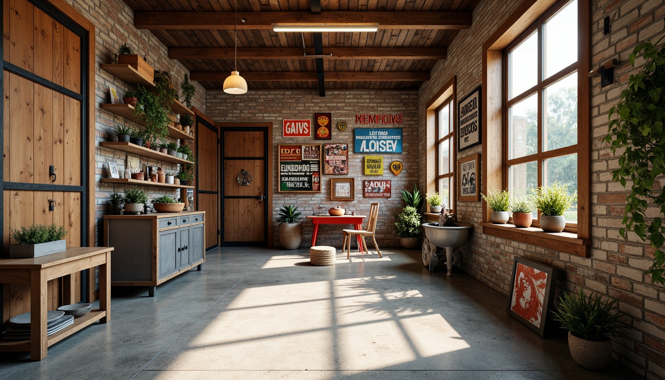 Prompt: Eclectic family garage, rustic wooden doors, vintage metal signs, distressed brick walls, colorful graffiti, reclaimed wood accents, industrial-style lighting, eclectic decorative items, modern storage systems, sleek metal shelving, modular cabinets, vibrant color schemes, playful textures, natural stone floors, oversized windows, soft warm lighting, shallow depth of field, 3/4 composition, panoramic view, realistic textures, ambient occlusion.