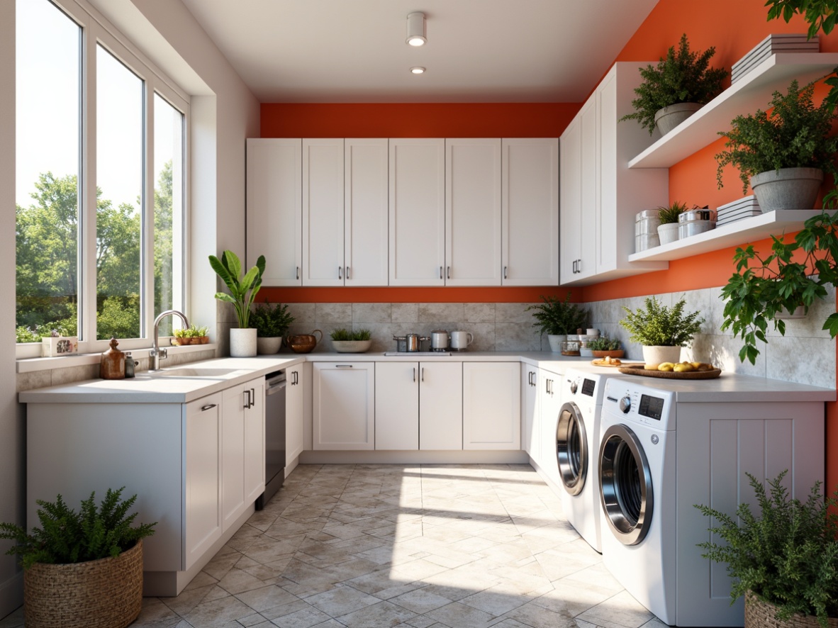 Prompt: Vibrant laundry room, bold color accents, sleek modern appliances, stainless steel countertops, polished chrome fixtures, bright white cabinets, soft pastel hues, geometric patterned flooring, natural stone walls, large windows, abundant natural light, warm cozy atmosphere, 1/2 composition, shallow depth of field, realistic textures, ambient occlusion.