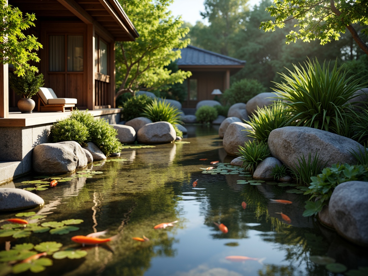 Prompt: Serene koi pond, gentle water flow, natural stone surroundings, lush greenery, vibrant aquatic plants, tranquil ambiance, wooden decking, traditional Japanese architecture, ornate lanterns, subtle lighting, shallow water effects, 1/2 composition, warm sunny day, soft focus, realistic water textures, ambient occlusion.