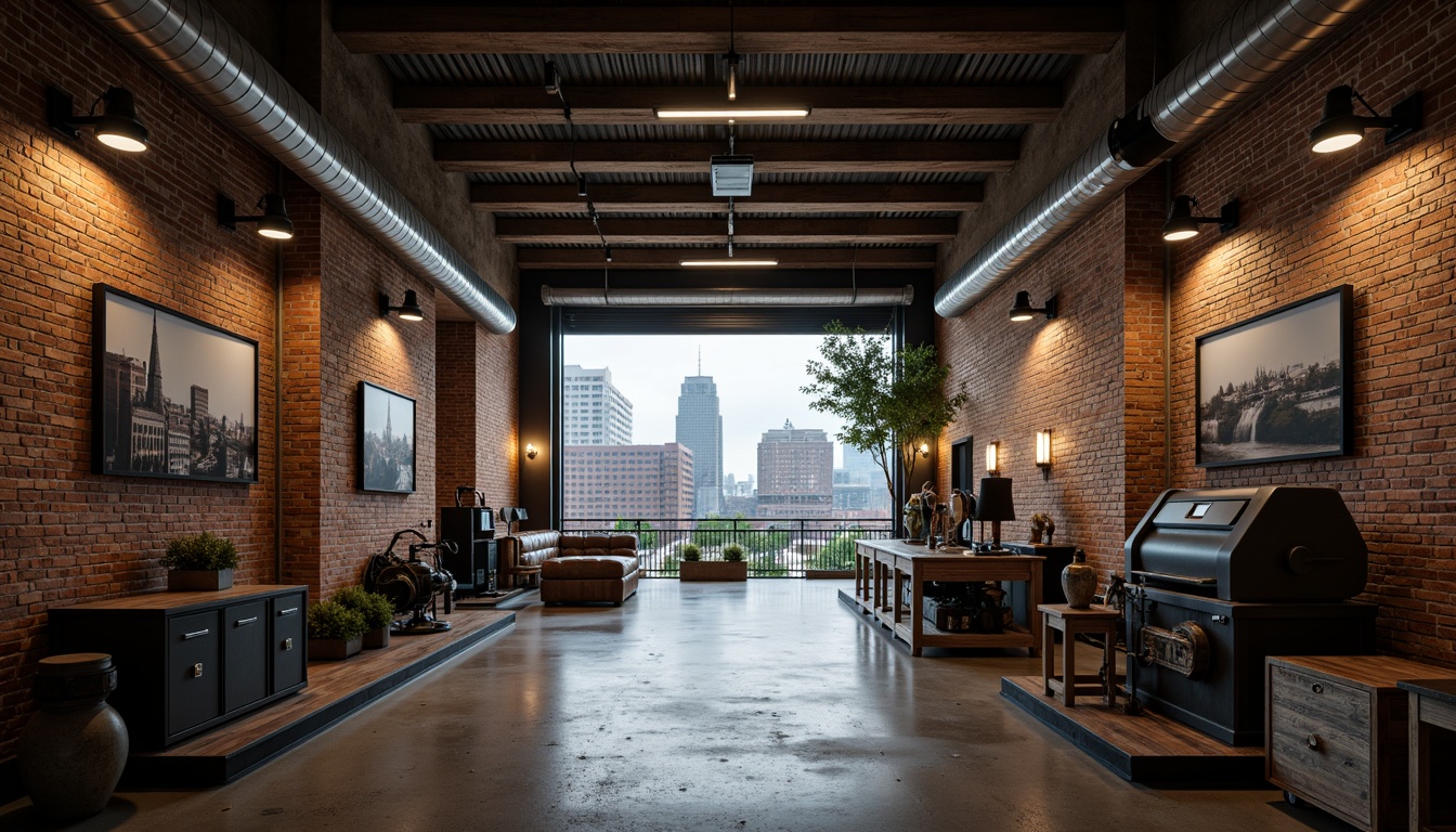 Prompt: Rustic warehouse atmosphere, exposed brick walls, metal beams, reclaimed wood accents, industrial-style lighting fixtures, concrete floors, functional pipes, mechanical equipment displays, urban cityscape views, overcast skies, dramatic shadows, high-contrast lighting, 1-point perspective composition, cinematic mood, gritty textures, subtle color grading.