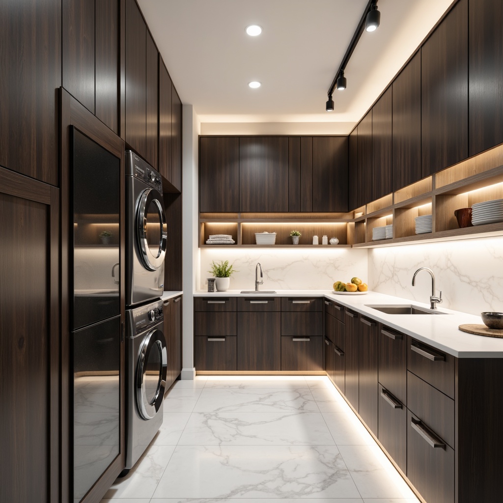 Prompt: Modern laundry room, sleek cabinetry, stainless steel appliances, bright LED lighting, under-cabinet task lights, pendant lamps, polished chrome fixtures, white Carrara marble countertops, soft warm glow, indirect ambient lighting, 1/1 composition, shallow depth of field, realistic reflections, subtle gradient textures.