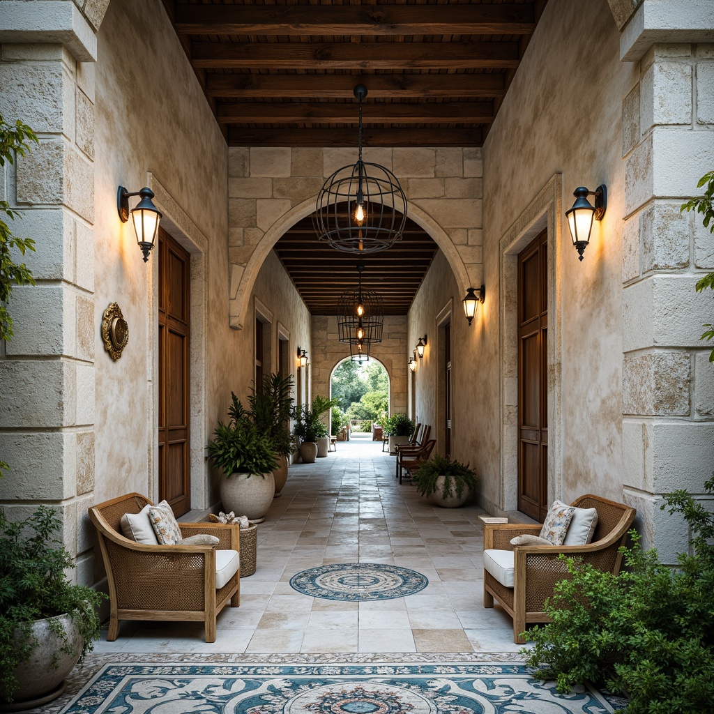 Prompt: Weathered stone walls, distressed finishes, rustic textures, soft warm lighting, natural earthy tones, creamy whites, blues and turquoises, ornate metalwork, intricate tile patterns, lush greenery, potted plants, wooden accents, woven textiles, ambient shadows, shallow depth of field, 3/4 composition, panoramic view.