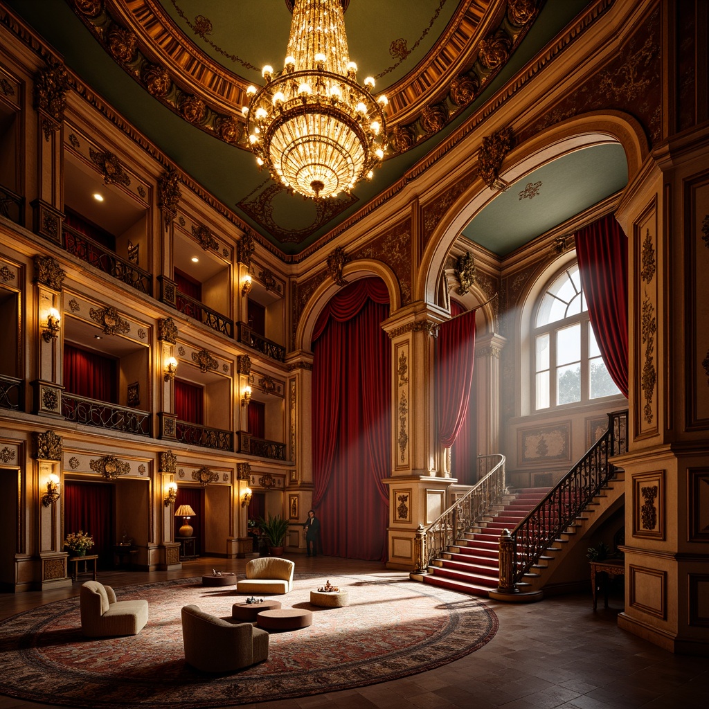 Prompt: Grand opera house interior, eclectic style decoration, ornate chandeliers, red velvet curtains, gilded moldings, intricate patterns, lavish furnishings, marble floors, sweeping staircases, ornamental railings, luxurious fabrics, rich textures, Baroque-inspired architecture, dramatic lighting, warm golden tones, soft focus blur, shallow depth of field, 1/2 composition, high contrast ratio, vibrant color palette.