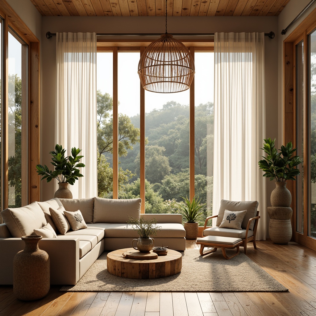 Prompt: Cozy living room, floor-to-ceiling windows, natural wood accents, earthy color palette, soft warm lighting, sheer curtains, minimalist decor, greenery arrangements, botanical prints, woven textiles, rattan furniture, organic shapes, ambient shadows, 1/1 composition, realistic renderings, subtle color grading, morning sunlight, gentle glow, inviting atmosphere.