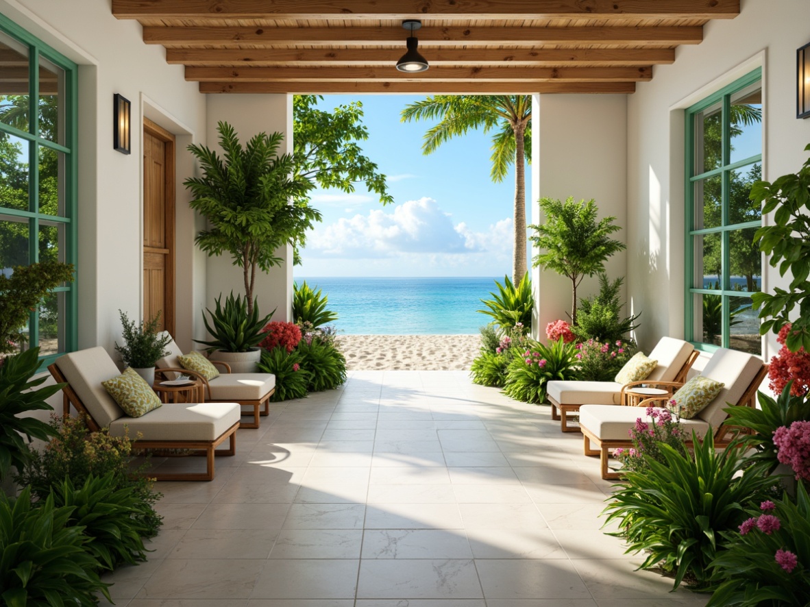 Prompt: Vibrant tropical hospital, lush greenery, exotic flowers, calming ocean views, warm sandy beaches, natural wood accents, soothing blue-green color scheme, creamy white walls, coral-inspired patterns, rattan furniture, woven textiles, ambient lighting, soft pastel hues, serene atmosphere, 1/1 composition, shallow depth of field, realistic textures.