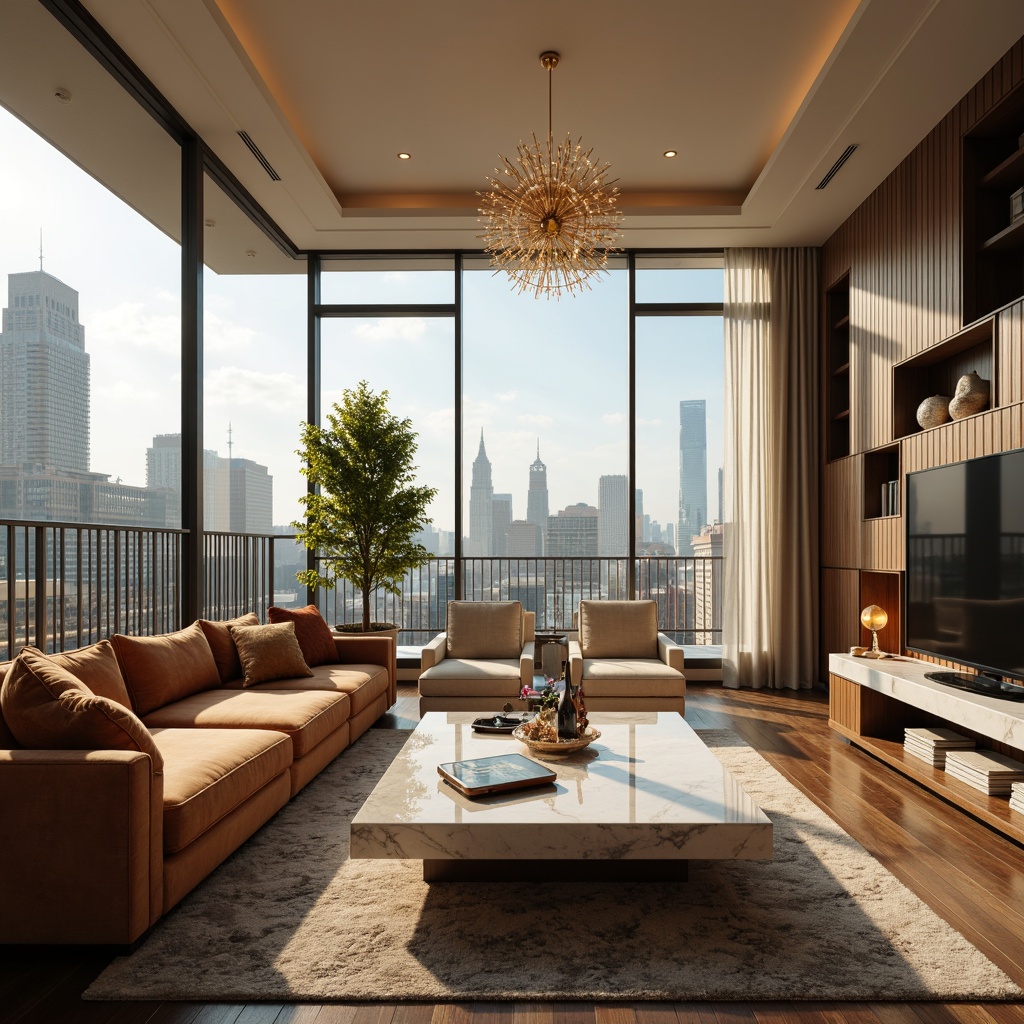 Prompt: Luxurious living room, plush velvet sofa, polished marble coffee table, floor-to-ceiling windows, cityscape views, modern minimalist chandelier, warm beige walls, dark wood flooring, sleek low-profile TV stand, cozy reading nook, soft golden lighting, 1/2 composition, shallow depth of field, realistic textures.