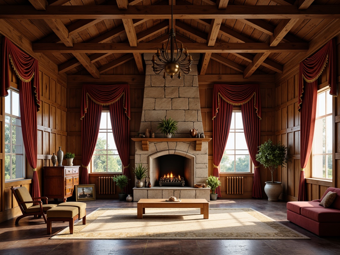 Prompt: Traditional wooden hall, rustic timber beams, ornate carvings, grand stone fireplace, luxurious velvet drapes, intricate ironwork, handcrafted furniture, polished marble floors, richly textured fabrics, warm golden lighting, shallow depth of field, 1/2 composition, realistic wood grain textures, ambient occlusion.