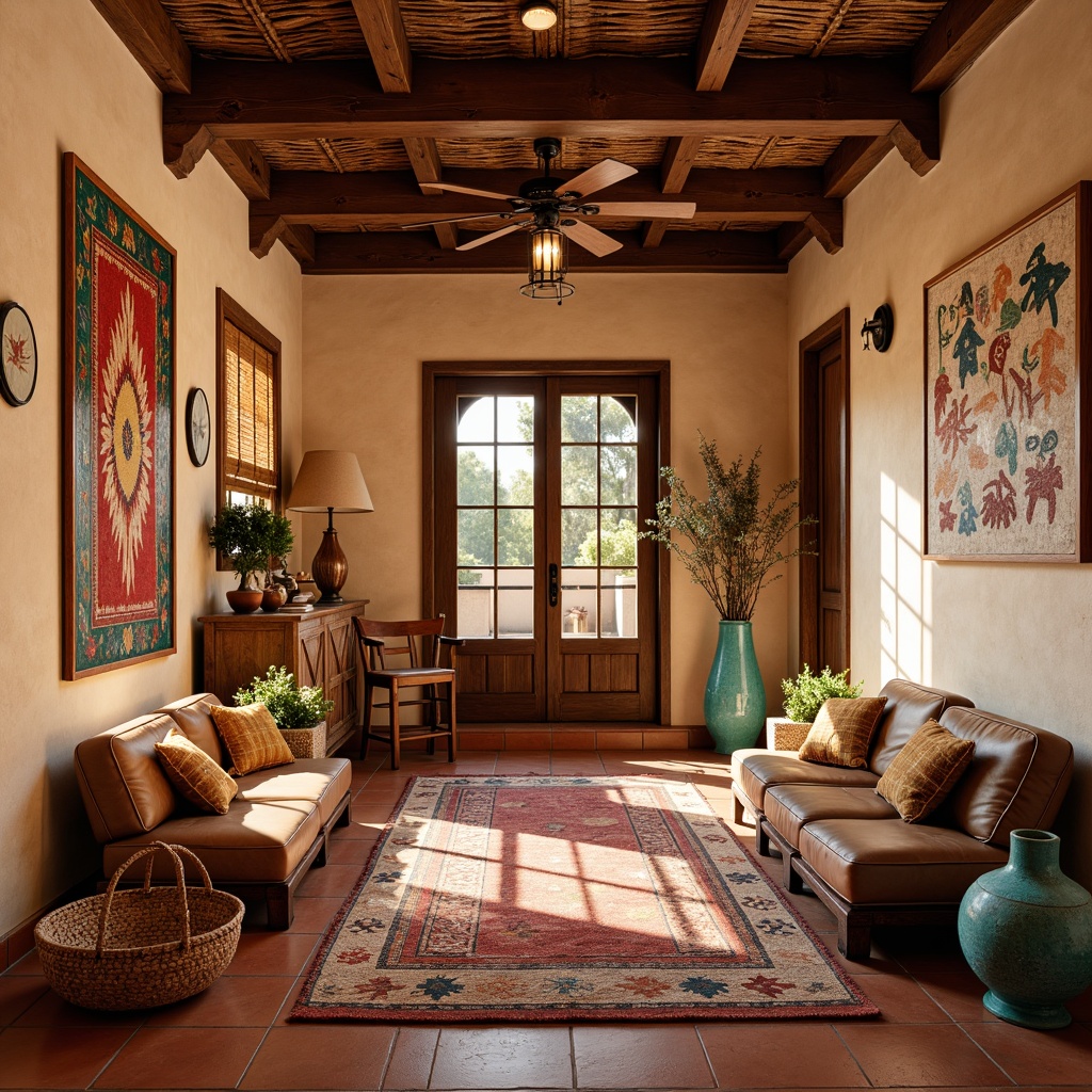 Prompt: Southwestern-style interior, adobe-inspired walls, earthy color palette, terracotta flooring, woven textiles, vibrant geometric patterns, rustic wooden beams, distressed leather furniture, ornate metalwork, turquoise accents, pendant lamps, natural fiber rugs, woven baskets, desert botanicals, warm sunny lighting, shallow depth of field, 3/4 composition, realistic textures, ambient occlusion.