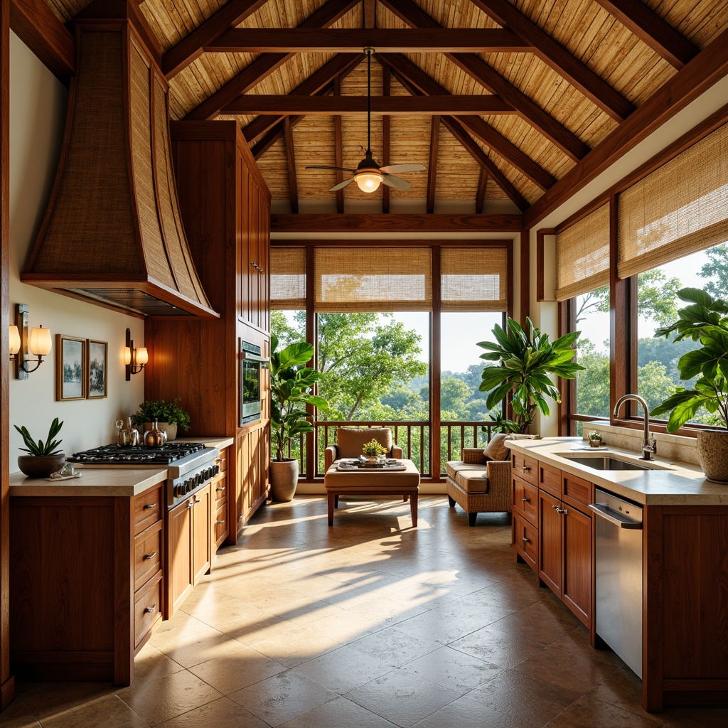 Prompt: Tropical island ambiance, warm wood tones, exotic hardwood cabinetry, woven rattan accents, natural fiber textures, earthy color palette, rich brown wooden countertops, sleek stainless steel appliances, pendant lighting fixtures, ornate metal hardware, lush greenery, potted plants, bamboo flooring, woven bamboo shades, vaulted ceilings, large windows, bright natural light, airy open space, 3/4 composition, warm soft focus, realistic textures, ambient occlusion.