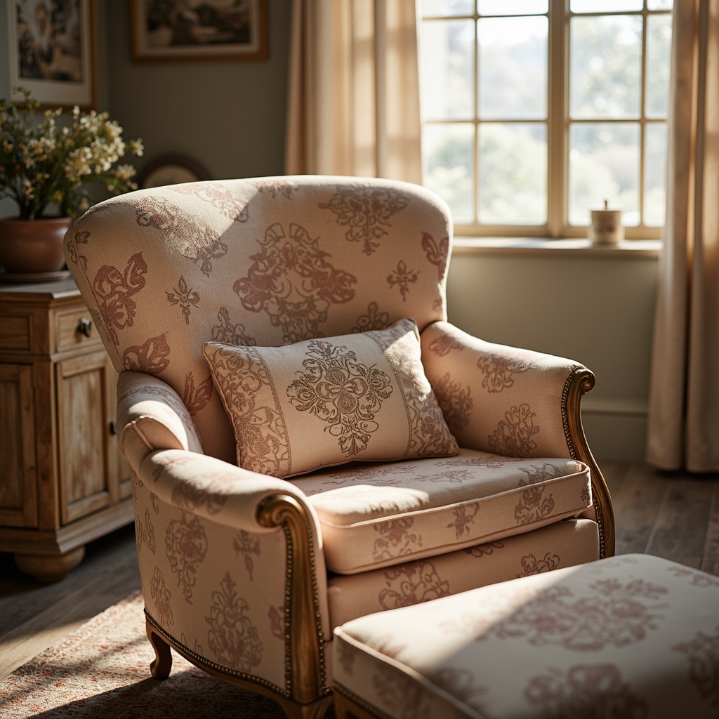 Prompt: Distressed vintage furniture, soft peach tones, muted lavender hues, creamy whites, warm beige accents, rustic wooden textures, elegant lace patterns, delicate floral motifs, ornate metal details, subtle sparkle effects, romantic candlelight, warm golden lighting, shallow depth of field, 1/1 composition, intimate atmosphere, realistic wear and tear, ambient occlusion.