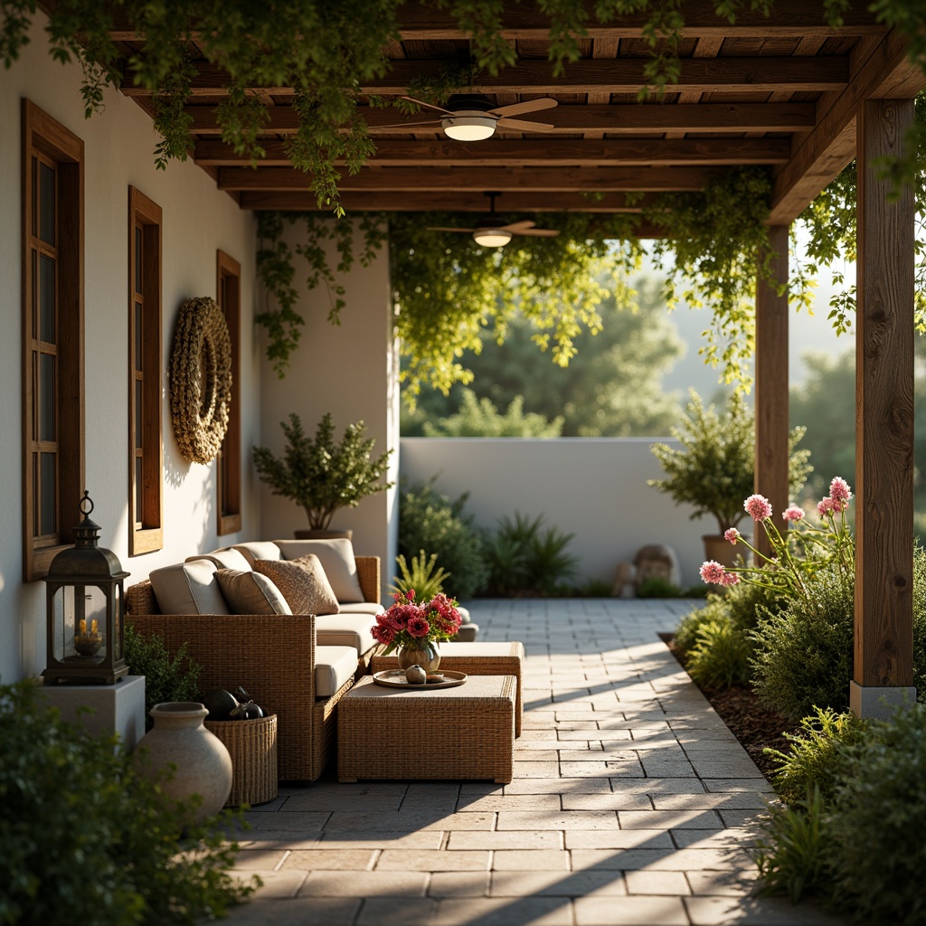 Prompt: Distressed wooden frames, vintage metal lanterns, warm soft lighting, natural stone floors, lush greenery, blooming flowers, rustic gardening tools, woven rattan furniture, earthy color palette, soft focus, shallow depth of field, 1/2 composition, warm golden hour, realistic textures, ambient occlusion, gentle misting effects.