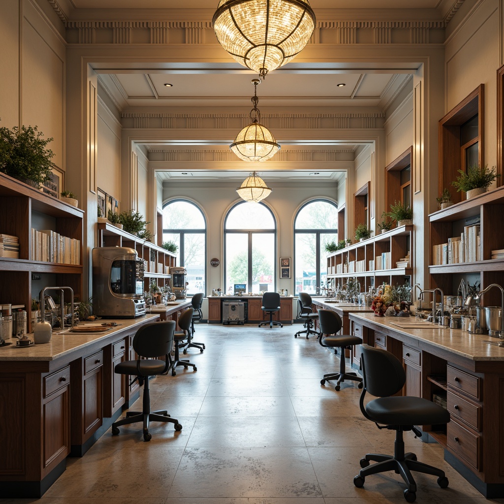 Prompt: Symmetrical laboratory layout, neoclassical architectural style, high ceilings, ornate moldings, grand chandeliers, marble countertops, wooden cabinetry, metallic equipment, fume hoods, ergonomic workstations, natural stone flooring, large windows, abundant natural light, soft warm lighting, shallow depth of field, 3/4 composition, realistic textures, ambient occlusion, elegant typography, sophisticated color palette.