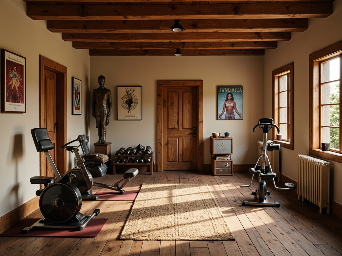 Prompt: Rich wood tones, traditional home gym, warm beige walls, rustic wooden flooring, distressed hardwood planks, natural fiber area rugs, vintage athletic equipment, antique dumbbells, old-fashioned exercise bikes, nostalgic fitness posters, soft warm lighting, shallow depth of field, 1/1 composition, realistic textures, ambient occlusion.