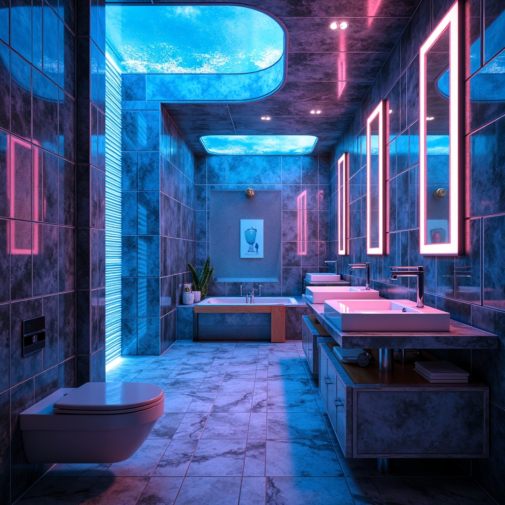 Prompt: Futuristic bathroom, neon-lit ambiance, iridescent glass tiles, LED strip lighting, holographic mirrors, crystal-like fixtures, sleek metal accents, minimalist sink designs, touchless faucets, ambient blue glow, soft warm illumination, high-gloss flooring, reflective surfaces, geometric patterns, 3D-printed decorative elements, atmospheric misting systems, panoramic ceiling lights, realistic metallic textures, shallow depth of field.