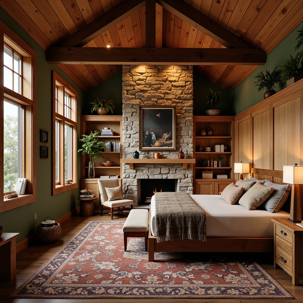 Prompt: Cozy craftsman bedroom, rich wooden accents, reclaimed wood furniture, rustic oak panels, warm earthy tones, plush area rugs, comfortable reading nook, wooden window frames, natural light, soft warm lighting, 1/2 composition, intimate atmosphere, detailed woodworking, ornate carvings, wooden ceiling beams, stone fireplace, nature-inspired textiles, earthy color palette, serene ambiance, shallow depth of field.