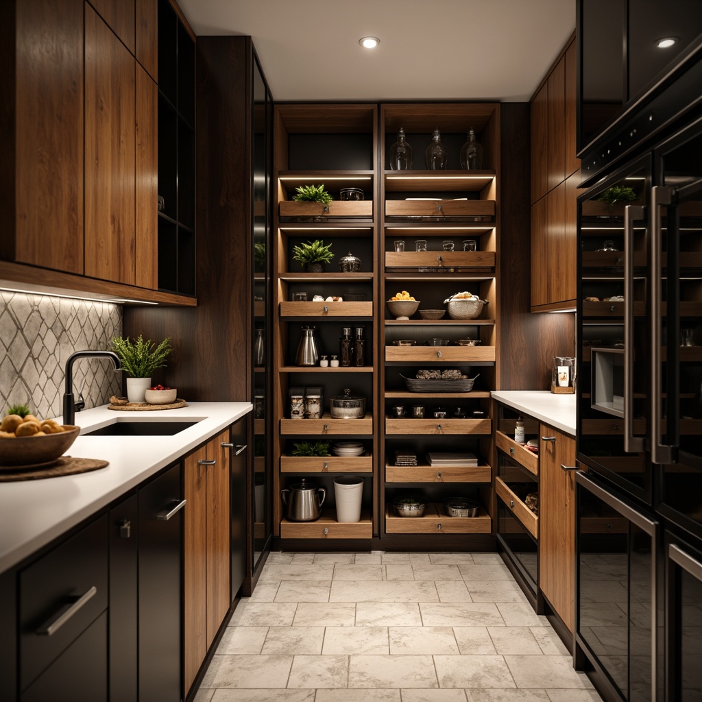 Prompt: Modern pantry, sleek cabinetry, minimalist design, push-to-open doors, soft-close drawers, LED lighting, glass shelves, polished chrome handles, warm wood tones, matte black finishes, geometric patterns, modular storage units, adjustable shelving, pull-out baskets, spice racks, built-in appliances, quartz countertops, natural stone flooring, urban loft atmosphere, industrial chic accents, warm ambient lighting, shallow depth of field, 3/4 composition, realistic textures.