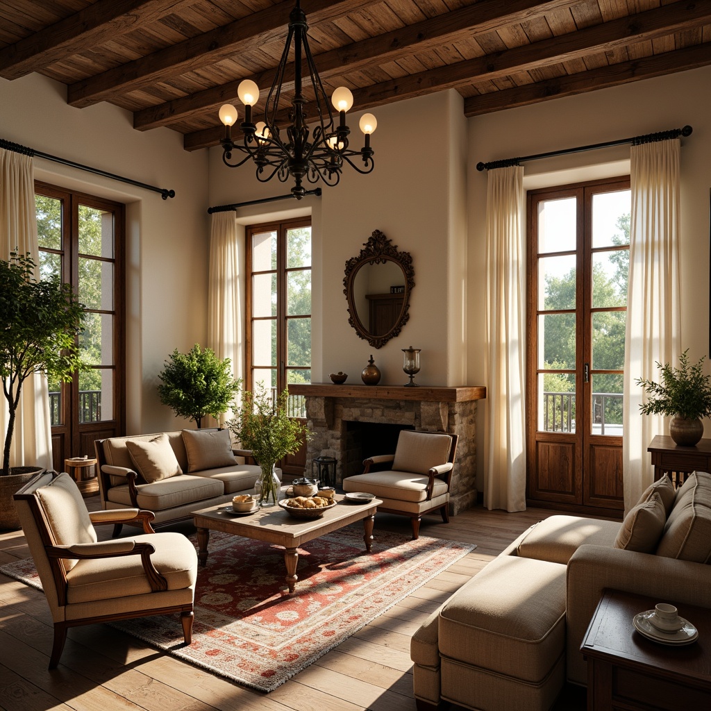 Prompt: Rustic countryside estate, soft golden lighting, distressed wood accents, plush velvet upholstery, ornate wooden furniture, carved cabriole legs, elegant Louis XVI chairs, vintage metalware, floral patterned rugs, toile de Jouy fabrics, creamy white walls, exposed wooden beams, natural stone fireplaces, lush greenery, vintage accessories, delicate lace curtains, warm beige tones, soft focus, 1/2 composition, intimate atmosphere, realistic textures.