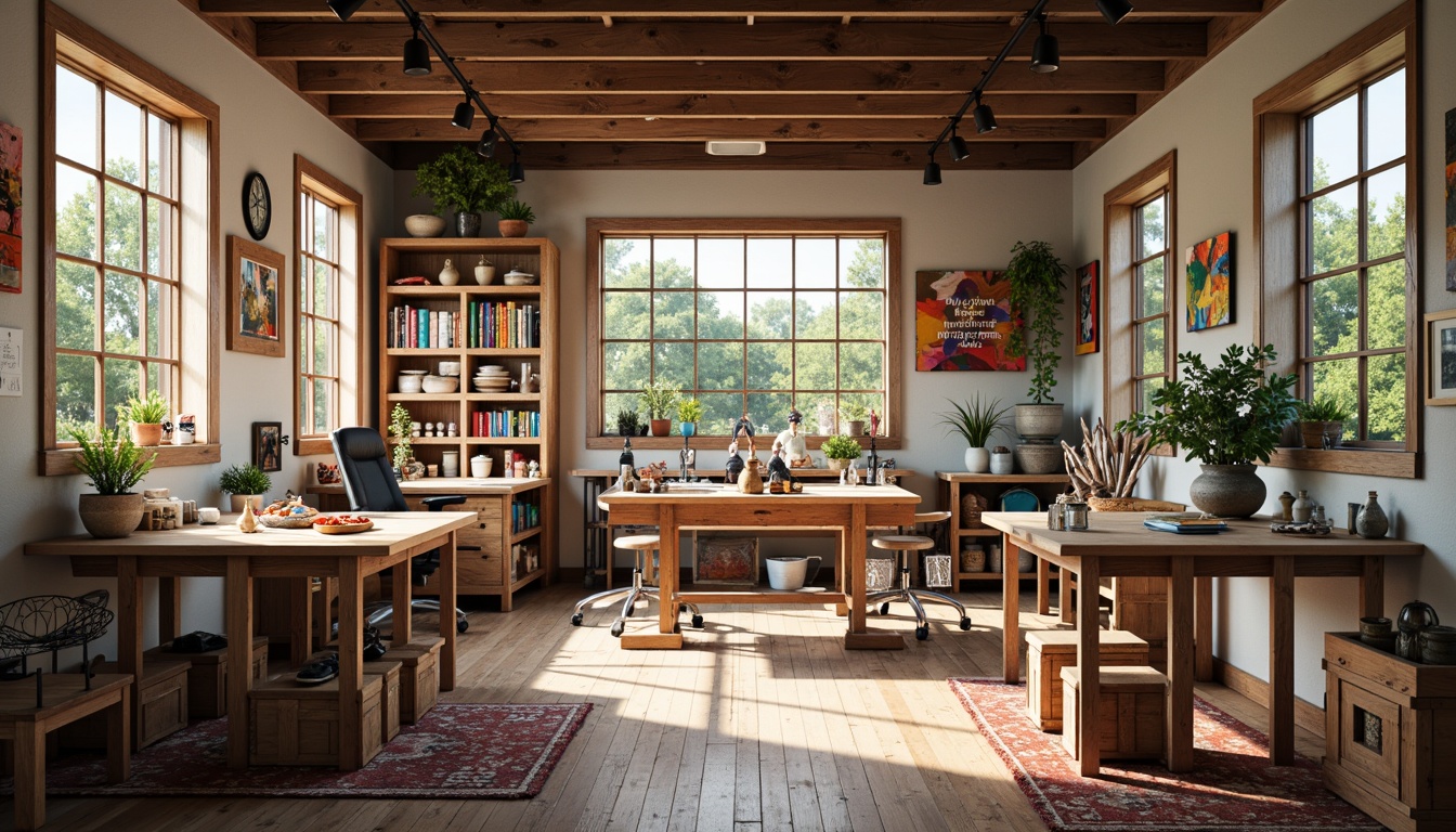 Prompt: Vibrant craft room, wooden workbenches, abundant natural light, ergonomic stools, spacious storage shelves, colorful fabric swatches, eclectic art pieces, inspirational quotes, rustic wooden crates, metal lanterns, earthy tone color palette, cozy textiles, creative freedom atmosphere, flexible modular furniture, collaborative workspace layout, warm softbox lighting, shallow depth of field, 1/1 composition, realistic textures, ambient occlusion.